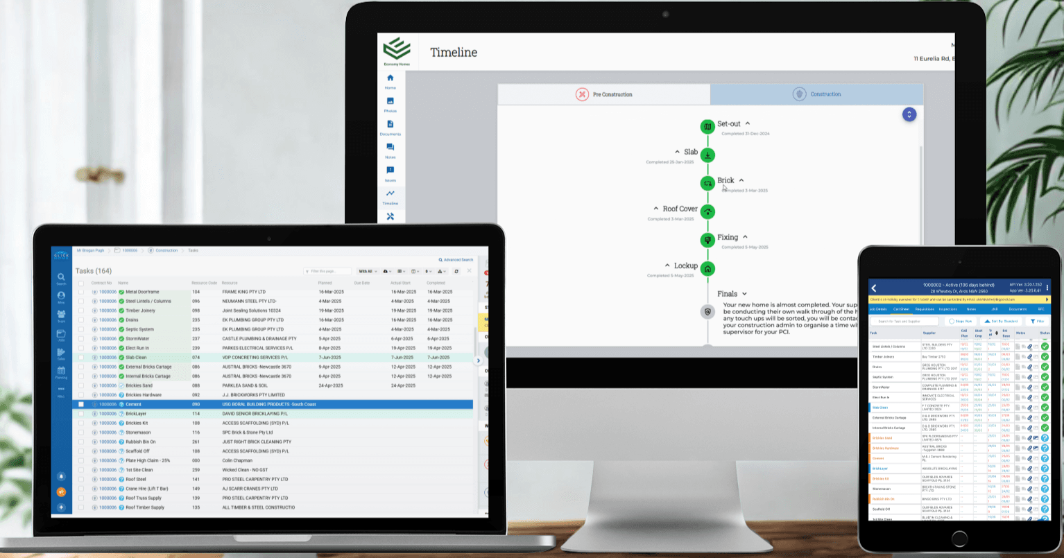 ClickHome dashboard showing live project status and progress across a home builder's jobs