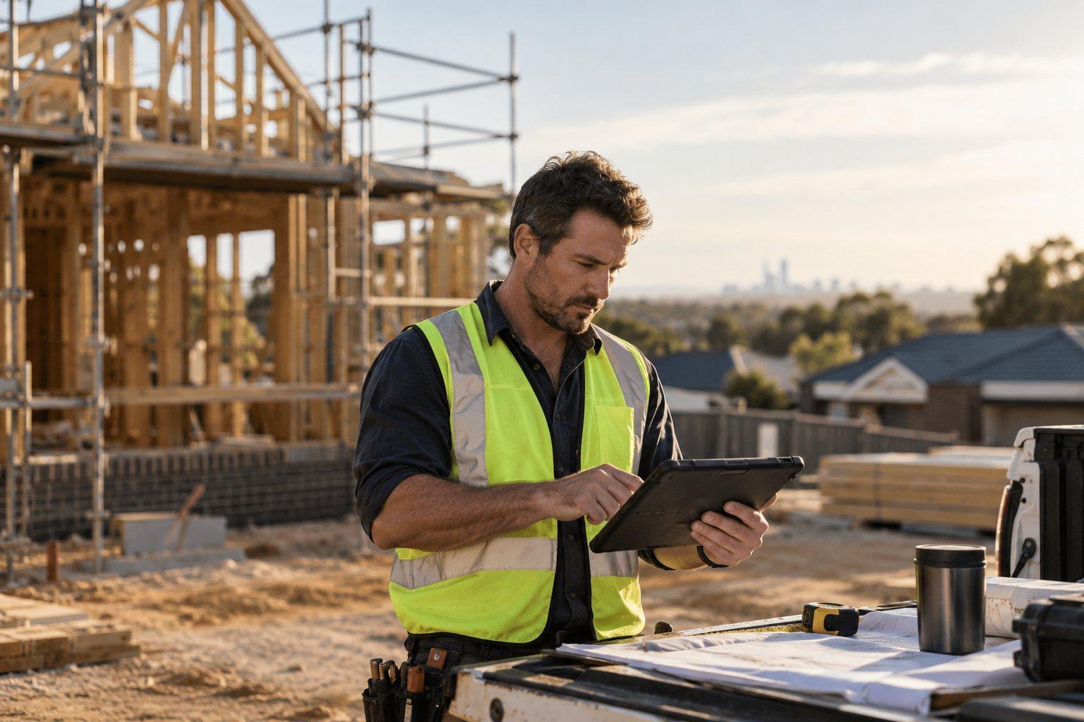A site supervisor in a hi-vis vest checking a tablet beside a timber-framed house under construction