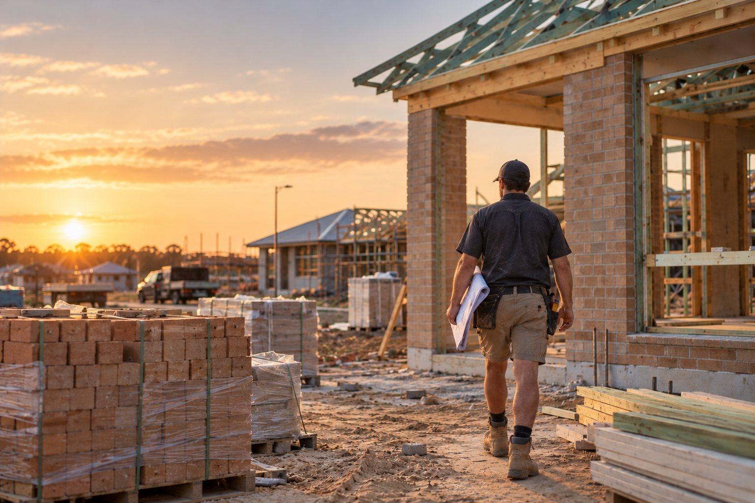 A site supervisor carrying plans past pallets of bricks towards a half-built brick home at sunset