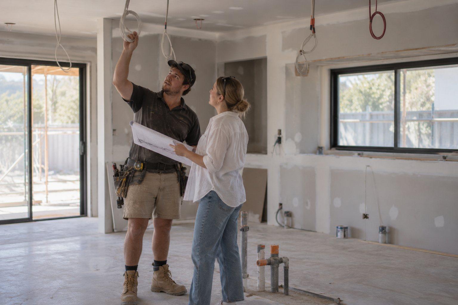 A builder and a homeowner holding plans in an unfinished room, checking where the electrical wiring will go