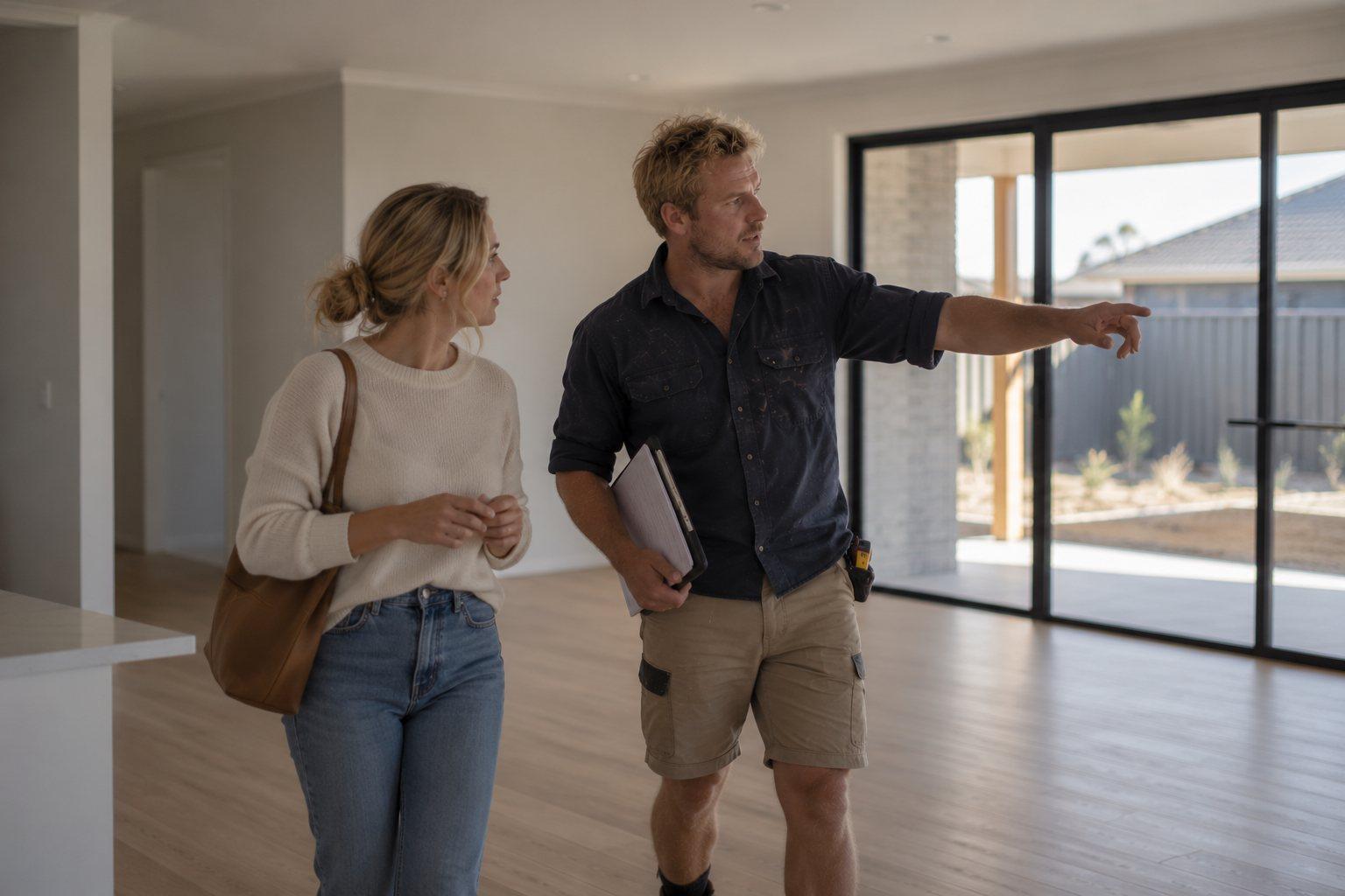 A builder showing a homeowner through her newly completed home before handover
