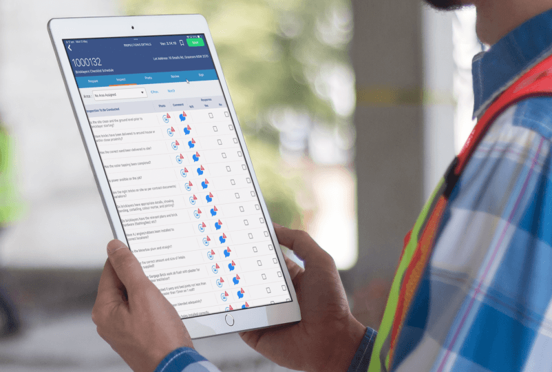 ClickHome site inspection showing quality checklists, defect flagging and compliance tracking