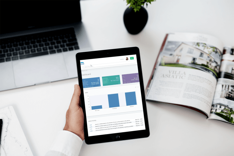 ClickHome lead management on a tablet showing enquiries, status and follow-up activity